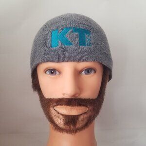 KT FAB Mens Womens Gray Knit Turquoise Embroidered Logo Acrylic Beanie